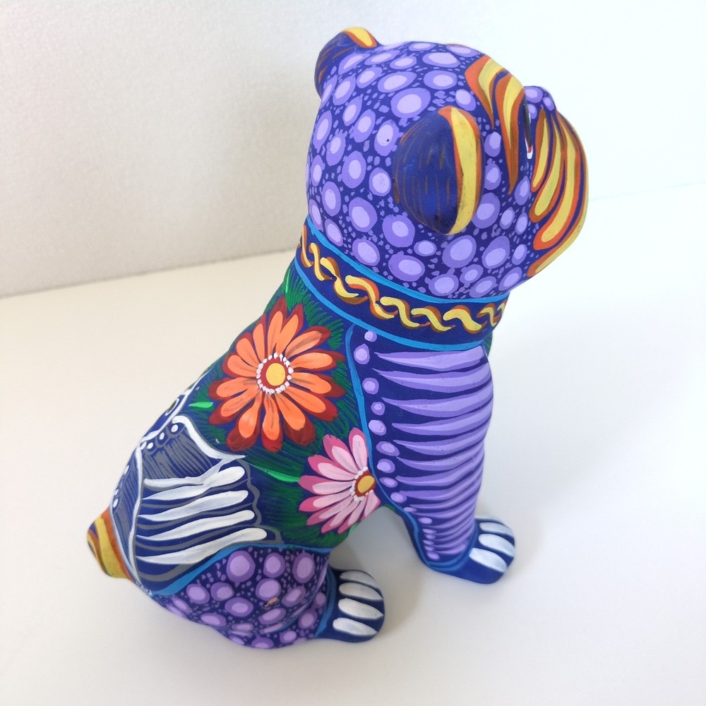 Mexican Folk Art Bulldog Alebrije Style Hand Painted Oaxacan Floral 8" VTG Decor - Picture 5 of 9